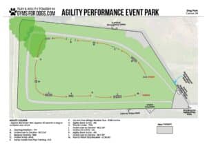 Map of an agility performance event park for dogs, showing a looping course with labeled obstacles (A to M), start and finish points, walking path, grass areas, water fountain, and service/emergency access roads.