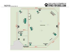 A labeled map of a dog park showing a jumping square, agility equipment, benches, waste bins, leash area, and fenced boundaries with measurements, by Gyms For Dogs in Menomonee Falls, WI.