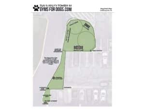 A labeled site map of a dog park shows two main activity zones, a bridge climb, training platform, play station, separation gate for large and small dogs, waste station, fire hydrant, and parking spaces nearby.