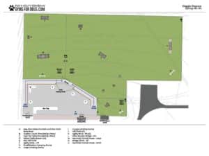 A labeled aerial map of a synthetic turf dog park shows agility equipment, benches, a water fountain, shade areas, and a parking lot. Features include a small and large dog area, benches, jumps, and emergency exit points.