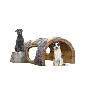 Two dogs sit beside and in front of a hollow, log-shaped structure with large openings; one dog is black and sits on a rock, while the other is white with black markings and sits on the ground.