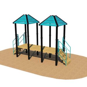 A playground structure with two blue-roofed platforms connected by a beige bridge, featuring four sets of stairs and black support poles, set on a tan, sandy surface.