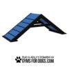 A blue and black dog agility A-frame ramp, with the text "Play & Agility Powered by GymsForDogs.com" and a paw print logo underneath.