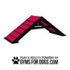 A red and black dog agility A-frame ramp with steps, designed for canine exercise, is shown above the text "Play & Agility Powered by Gyms for Dogs.com" with a paw print logo.