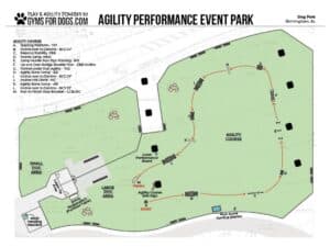 Map of an outdoor dog agility performance event park in Birmingham, AL, showing a designated agility course with numbered obstacles, paths, a local pet brand area, cooling station, and separate small and large dog areas.