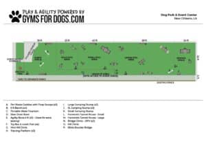 Map of a dog park and event center showing various areas: large/small dog areas, event space, agility zones, water fountain, benches, pet waste stations, and labeled play/agility equipment along a fenced, grassy layout.