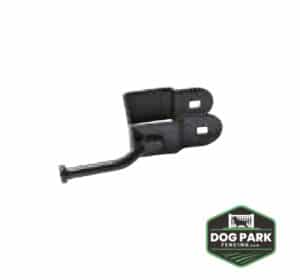 Latch Gravity Keyed Locking - Double Sided: Black metal DVR latch fence bracket with two mounting holes and attached arm; Dog Park Fencing logo in the lower right corner.