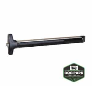 The Panic Bar & Mounting Plate is a black metal gate accessory, displayed horizontally on a white background with the Dog Park Fencing logo in the lower right corner.