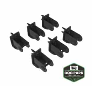 Six black plastic Fence Bracket Panel To Post - Wall Mount clips are displayed on a white background, with the Dog Park Fencing logo in the lower right corner.
