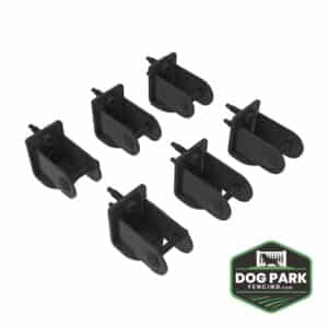 Six black plastic Fence Bracket Panel To Post - Wall Mount clips are displayed on a white background, with the Dog Park Fencing logo in the lower right corner.