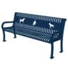 A dark blue metal bench with white silhouettes of three dogs in different poses cut out along the backrest. The bench has armrests on both sides and a slatted seat and back.