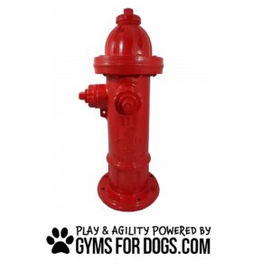 A Red Fire Hydrant - Surface-Mount stands upright above the text "Play & Agility Powered by GymsForDogs.com," featuring a black paw print logo.