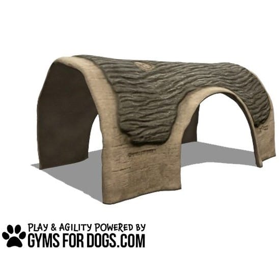 A dog agility play structure shaped like a cave tunnel with textured surfaces, made of durable material. The logo "Gyms For Dogs" with a paw print is shown in the lower left corner.