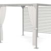 Modern outdoor pergola with a flat slatted roof and one slatted side panel. It has four sturdy square posts and sheer white curtains tied to the two front posts. The structure is metallic and minimalist in design.