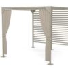A beige metal pergola with a slatted roof and side, featuring curtains partially drawn on one side. The structure stands on four square posts with flat bases.