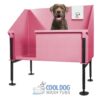 A brown dog sits in a pink wash tub with a Snoopy towel draped on the side. Below, "Cool Dog Wash Tub - Architectural Series (RSP)" appears beside a cartoon dog-in-tub logo for a playful and stylish touch.