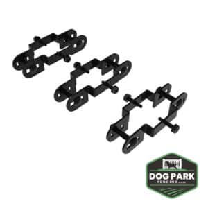 Three black metal Fence Bracket Panel To Post - In-Line Fasteners with bolts, displayed at different angles on a white background. The Dog Park Fencing logo is visible in the lower right corner.
