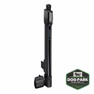 The Magnetic Latch Pull-Up, a black vertical gate latch with push-button and magnetic mechanism, is displayed on a white background. A green and black "Dog Park Fencing" logo appears in the bottom right corner.