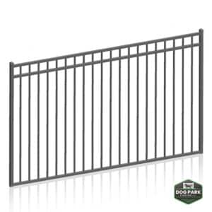 The DVR Fence Panel 4' Tall - Doggie Safe Spacing features sleek black vertical bars, short top horizontal bars, and a distinctive "Dog Park Fencing" logo in the bottom right corner.