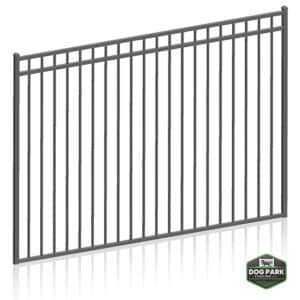 DVR Fence Panel 6' Tall - Doggie Safe Spacing with vertical bars and a rectangular frame is displayed at an angle on a white background. A green "Dog Park" logo with a fence icon appears in the bottom right corner.