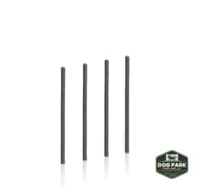 Four black DVR Post 4' Tall - In-Ground products are lined up evenly against a white background, with the green and white "Dog Park Fencing" logo in the lower right corner.