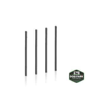 Four black DVR Post 4' Tall - In-Ground products are lined up evenly against a white background, with the green and white "Dog Park Fencing" logo in the lower right corner.