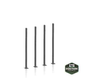 Four DVR Post 4' Tall - Surface Mount units stand evenly spaced in a row on a white background. A green and black "Dog Park Fencing" logo appears in the bottom right corner.