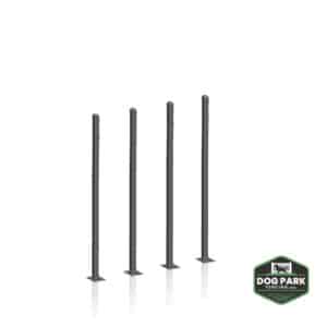 Four DVR Post 4' Tall - Surface Mount units stand evenly spaced in a row on a white background. A green and black "Dog Park Fencing" logo appears in the bottom right corner.