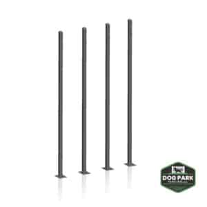 Four DVR Post 6' Tall - Surface Mount metal fence posts stand upright with square base plates. A green "Dog Park Fencing" logo is in the bottom right corner.