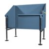 A blue, elevated dog grooming or bathing tub with high sides, adjustable black metal legs, and a control knob on the top right corner.