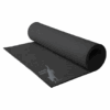 A rolled-out black yoga mat with a silhouette of a dog and the words "JURC DOG" printed on one corner, set against a plain light background.