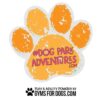 The Custom Dog Park Paw Sign (36" W x 36" H) features an orange paw print with "#DOG PARK ADVENTURES .COM" in pink, "Play & agility powered by GymsForDogs.com" in black below, plus a small dog icon.
