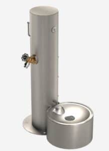 The Cool Dog Water Fountain - SST - Dog Basin features a modern, stainless steel round basin and spout, ideal for dog parks, with a convenient valve-handle faucet mounted above the basin for functional outdoor hydration.