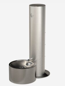 The Cool Dog Water Fountain - SST - Dog Basin features a round stainless steel basin atop a tall cylindrical column, making it perfect for dog parks, shown here against a plain white background.
