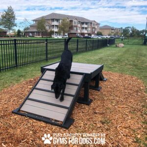 A black dog runs down the 24" tall Bridge Climb (L/X) agility ramp at a dog park, surrounded by grass, mulch, and a black metal fence. Apartment buildings and trees are visible in the background.