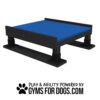 A black and blue Training Platform (L/X) features a bone design on the front. Below, the text reads "Play & Agility Powered by GymsForDogs.com" with a paw print next to the company name.