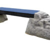 Ellie's Boulder Bridge Pro features a textured blue walking surface and sculpted faux-rock supports at both ends, ideal for dog exercise and training; includes a bridge, set of 2 rocks, and bumper pads.