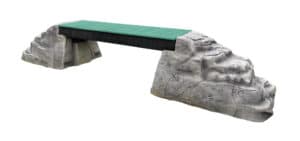 Ellie's Boulder Bridge Pro features a green dog agility bridge with bumper pads and two faux-stone supports—ideal for Dog Parks or outdoor training courses.