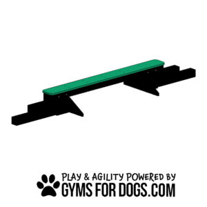 The Jump Balance Beam, a green dog agility beam on black supports, ideal for any dog park, is featured above "PLAY & AGILITY POWERED BY GYMS FOR DOGS.COM" with a paw print icon.