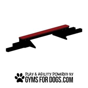 A red and black Jump Balance Beam with support legs, designed for Dog Park fun, is shown on a white background. Below, text reads: "Play & agility powered by GymsForDogs.com" with a paw print graphic.