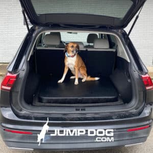 A brown and white dog with a blue collar sits in the open trunk of a black SUV on a Jump Dog SUV Pet Comfort Pad. "JUMP DOG.COM" is visible on the back bumper, ready for their trip to the dog park.