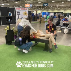 Two women pet a golden retriever lying on its back on a Training Platform (L/X) bench, while another woman in a paw-print shirt smiles nearby. The indoor event features booths, with "PLAY & AGILITY POWERED BY GYMS FOR DOGS.COM" text at the bottom.