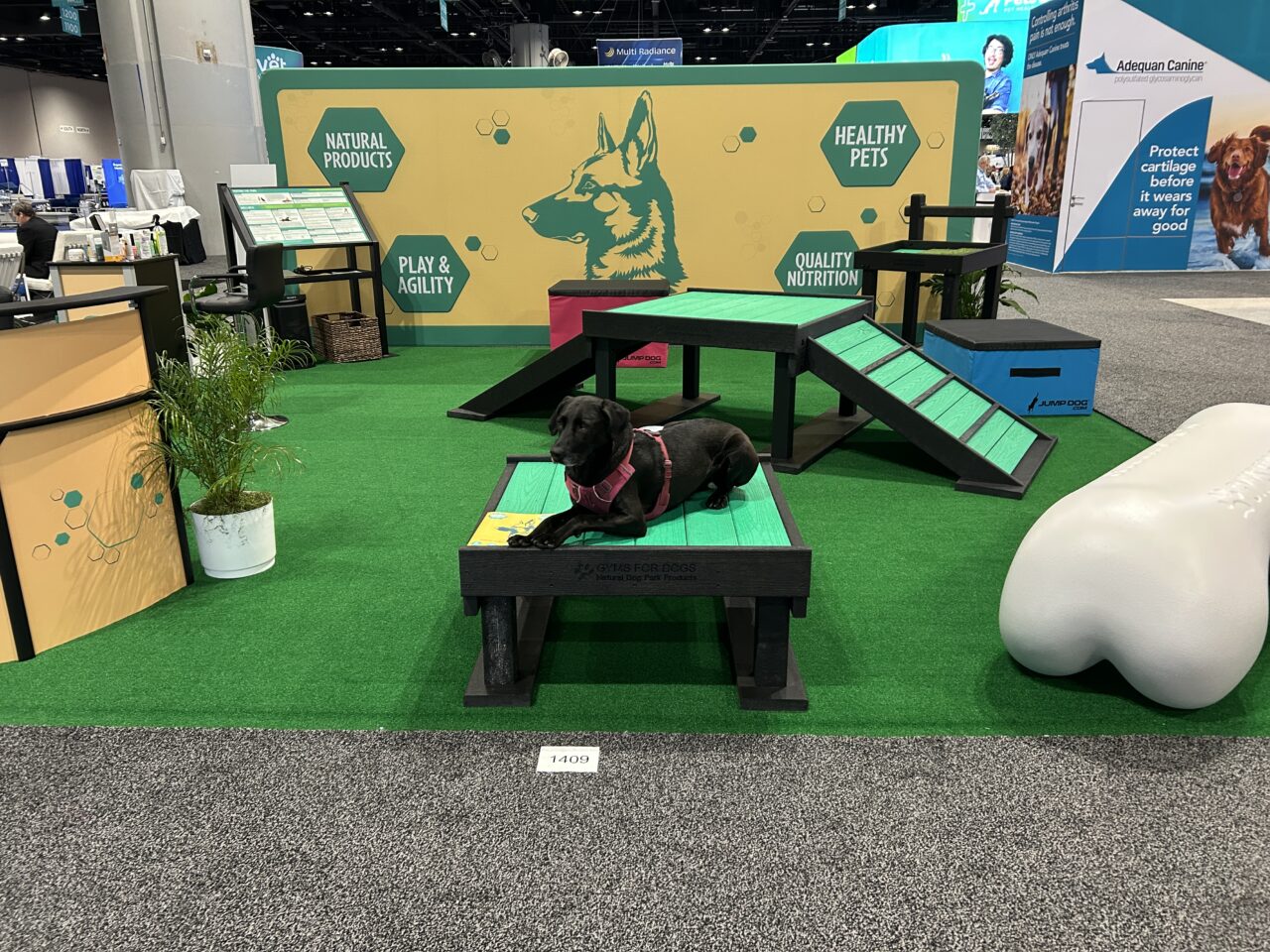 A black dog wearing a harness rests on the Training Platform (L/X) in a pet expo display featuring agility gear, green turf, Dog Park-themed setups, and signage highlighting natural products and healthy nutrition.