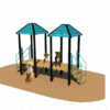 Four dogs are sitting on and near the Social Play Series - Cafe 36, a playground structure with two teal-roofed platforms, stairs, and railings atop a tan, sandy surface.
