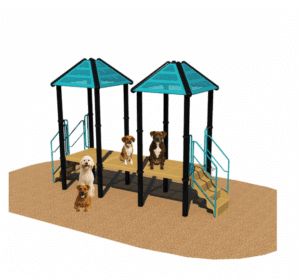 Four dogs are sitting on and near the Social Play Series - Cafe 36, a playground structure with two teal-roofed platforms, stairs, and railings atop a tan, sandy surface.