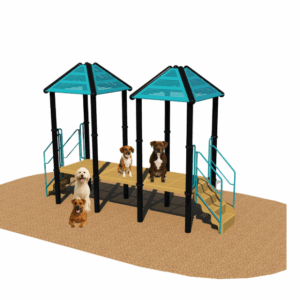 Four dogs are sitting on and near the Social Play Series - Cafe 36, a playground structure with two teal-roofed platforms, stairs, and railings atop a tan, sandy surface.