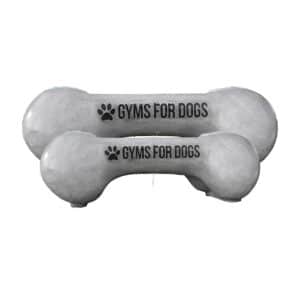 Two gray, bone-shaped dog exercise equipment pieces labeled "GYMS FOR DOGS" with a paw print logo, stacked one in front of the other against a white background.