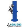 A blue metal outdoor water fountain with a hose attachment, standing upright. Below the fountain is the Cool Dog Water Fountains logo featuring a dog’s head illustration.