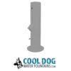 A tall, cylindrical gray outdoor water fountain with a spout and button, designed for dogs. Below is the "COOL DOG WATER FOUNTAINS.COM" logo with a dog illustration.