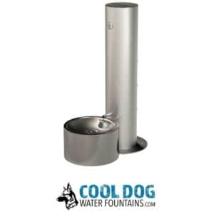 A stainless steel dog water fountain with a tall vertical column and a round bowl at the base, shown above the "Cool Dog Water Fountains" logo featuring a dog's head.